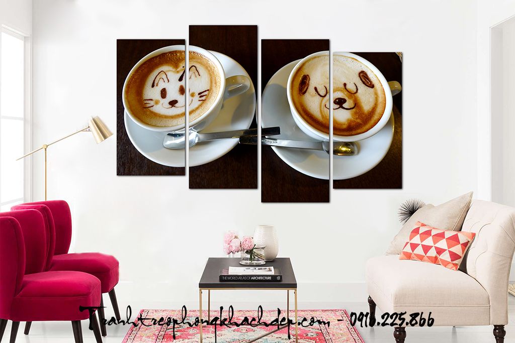 Tranh canvas ghép bộ 4 tấm capuchino treo quán cafe đáng yêu Tranh canvas ghép bộ 4 tấm capuchino treo quán cafe đáng yêu