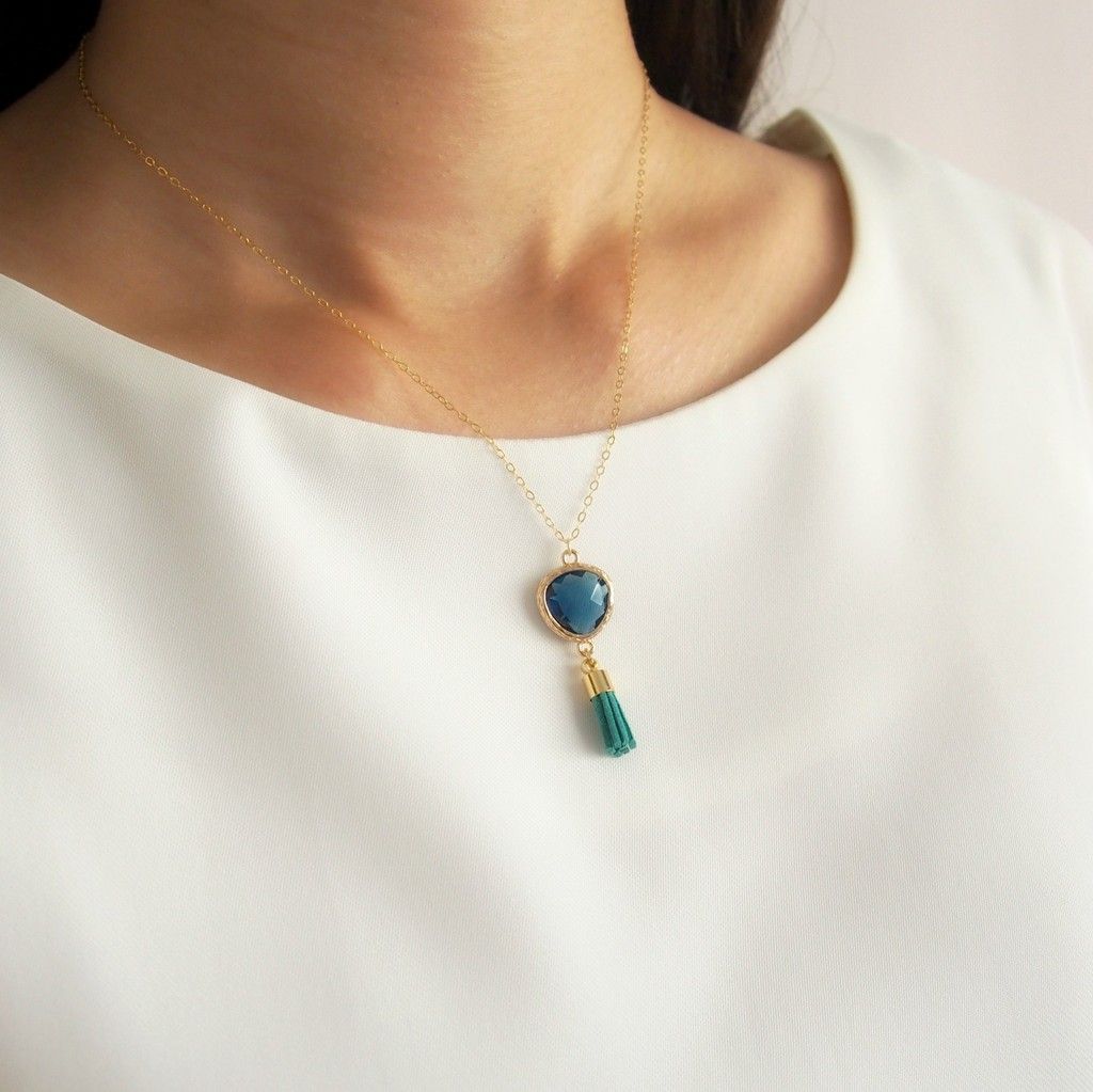 "KeepitPetite" Elegant gilt edging · · gold-plated glass imitation gemstones Necklace sky blue mint green x (40cm / 16 inches) - Necklaces - Gemstone Blue